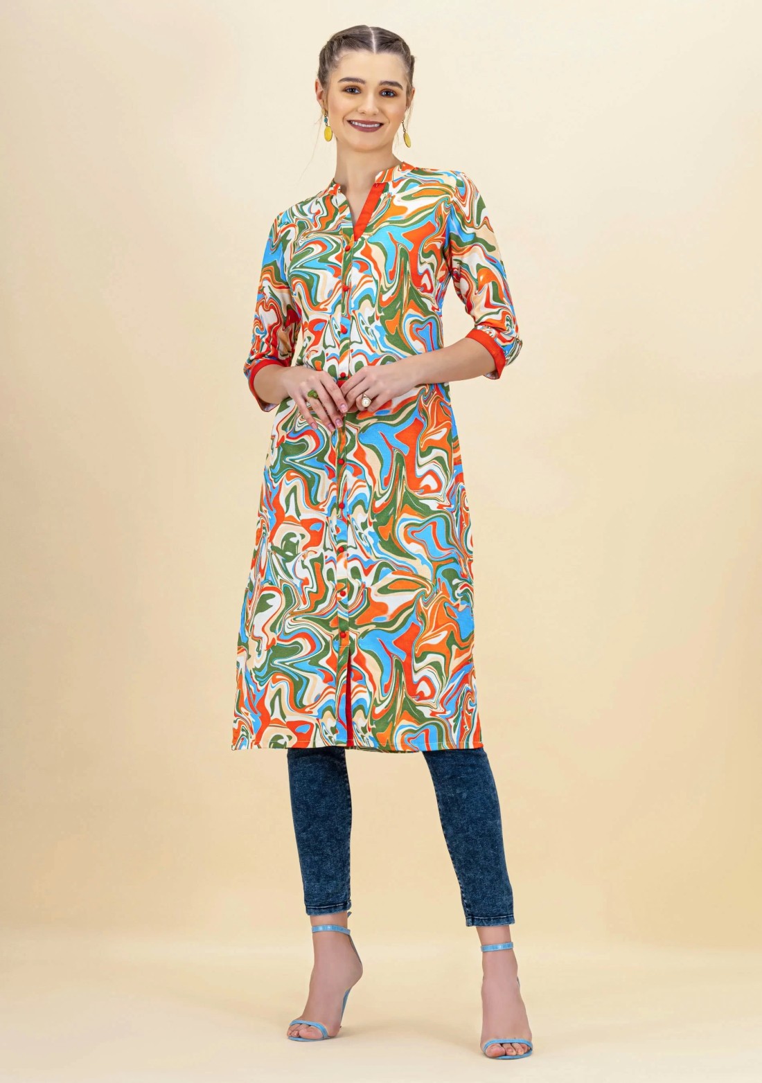 Multi Colour Marble Print Rayon Straight Kurta