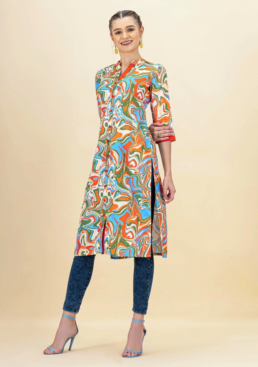 Multi Colour Marble Print Rayon Straight Kurta