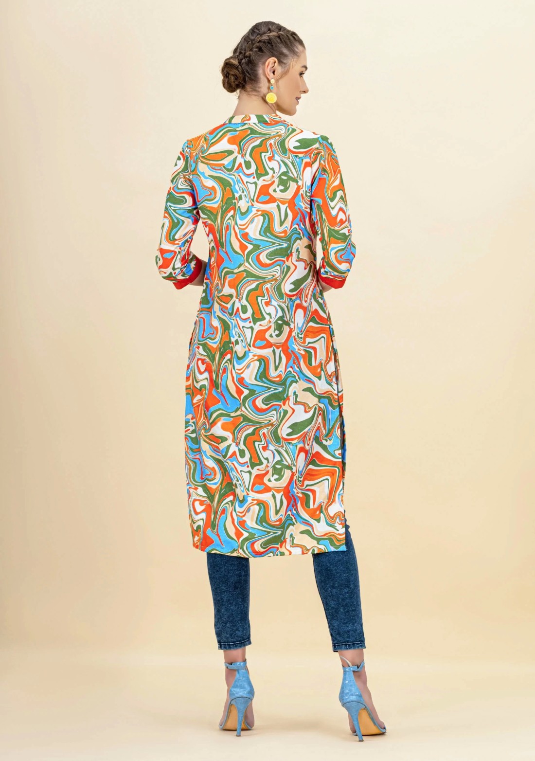 Multi Colour Marble Print Rayon Straight Kurta