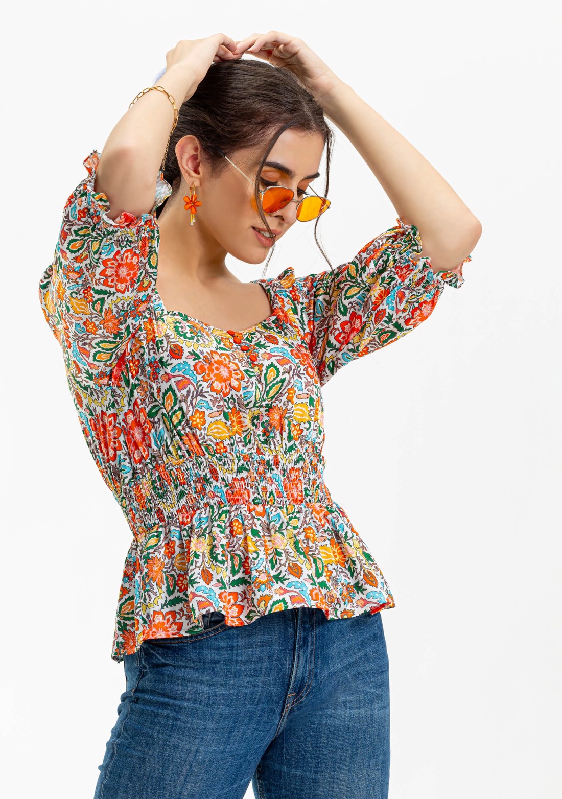 Multi Colour Floral Print Satin Peplum Top