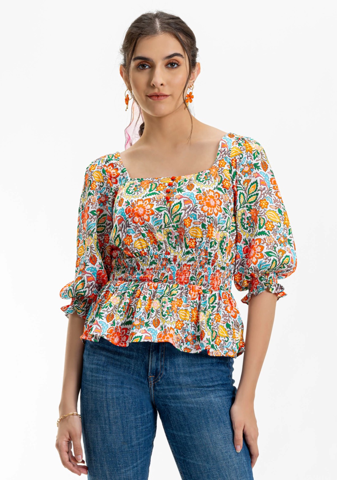 Multi Colour Floral Print Satin Peplum Top