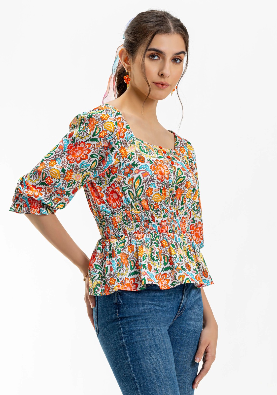 Multi Colour Floral Print Satin Peplum Top