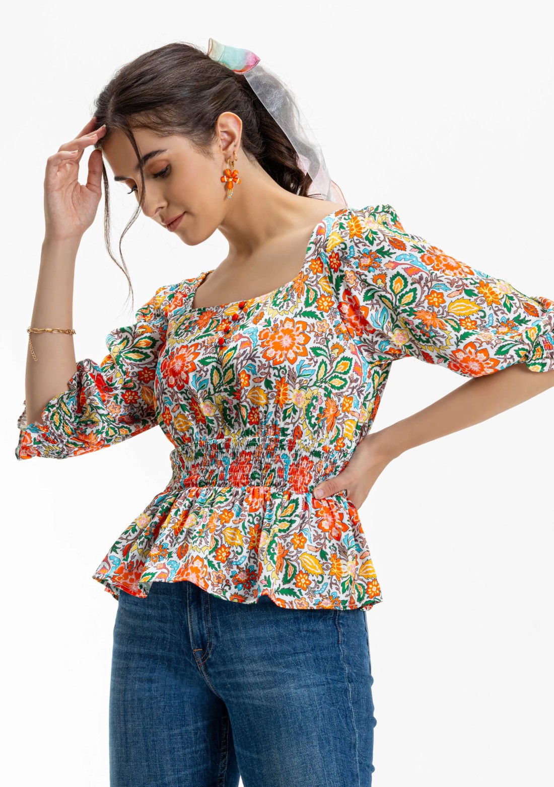 Multi Colour Floral Print Satin Peplum Top