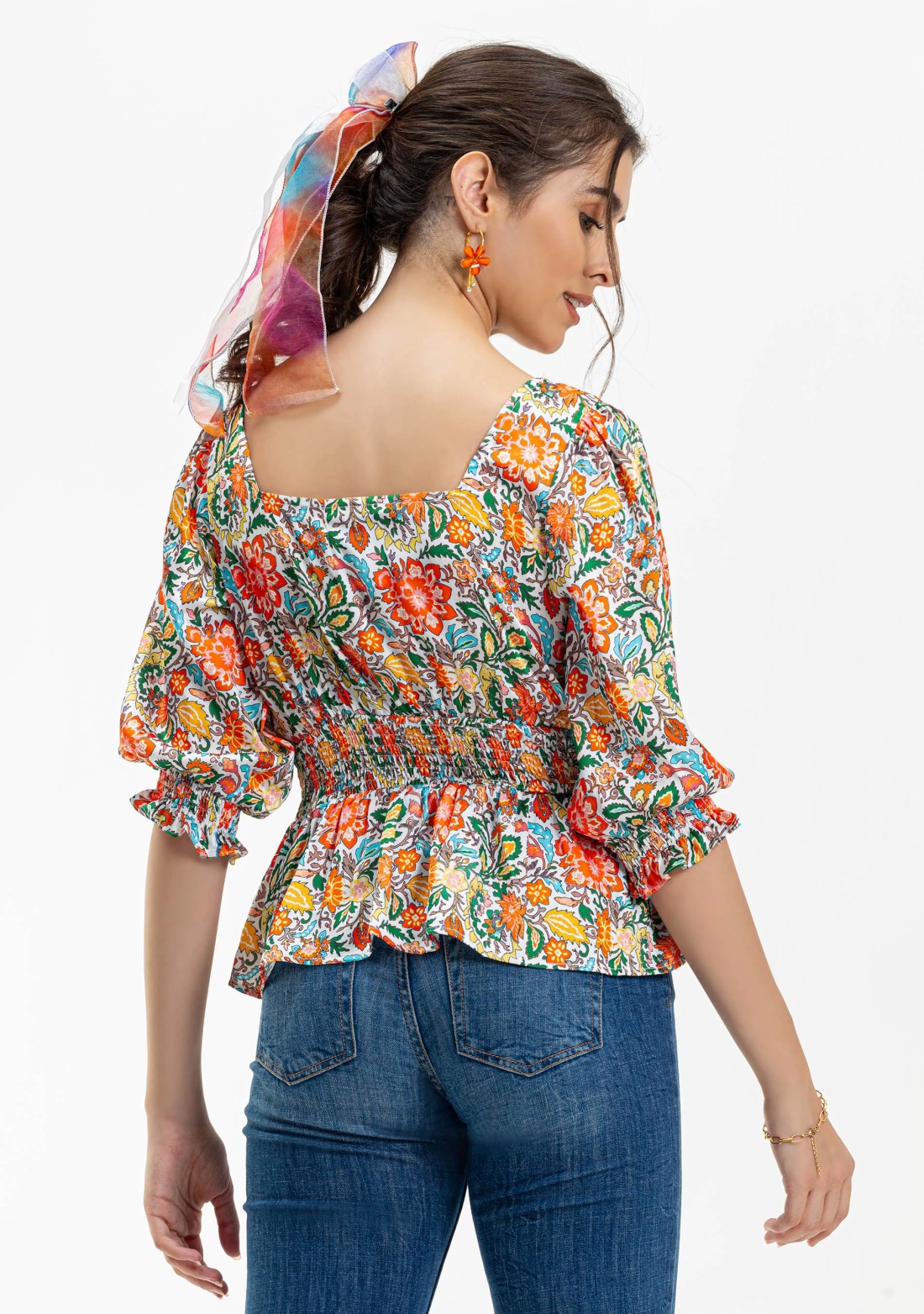 Multi Colour Floral Print Satin Peplum Top