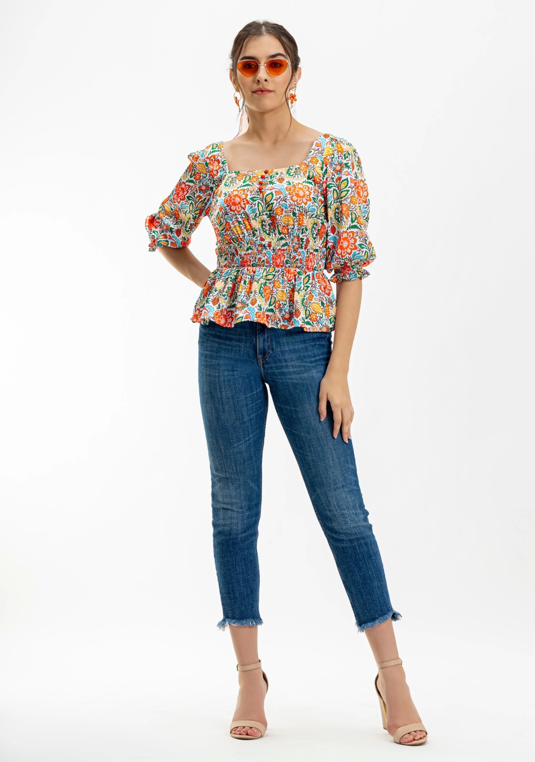 Multi Colour Floral Print Satin Peplum Top