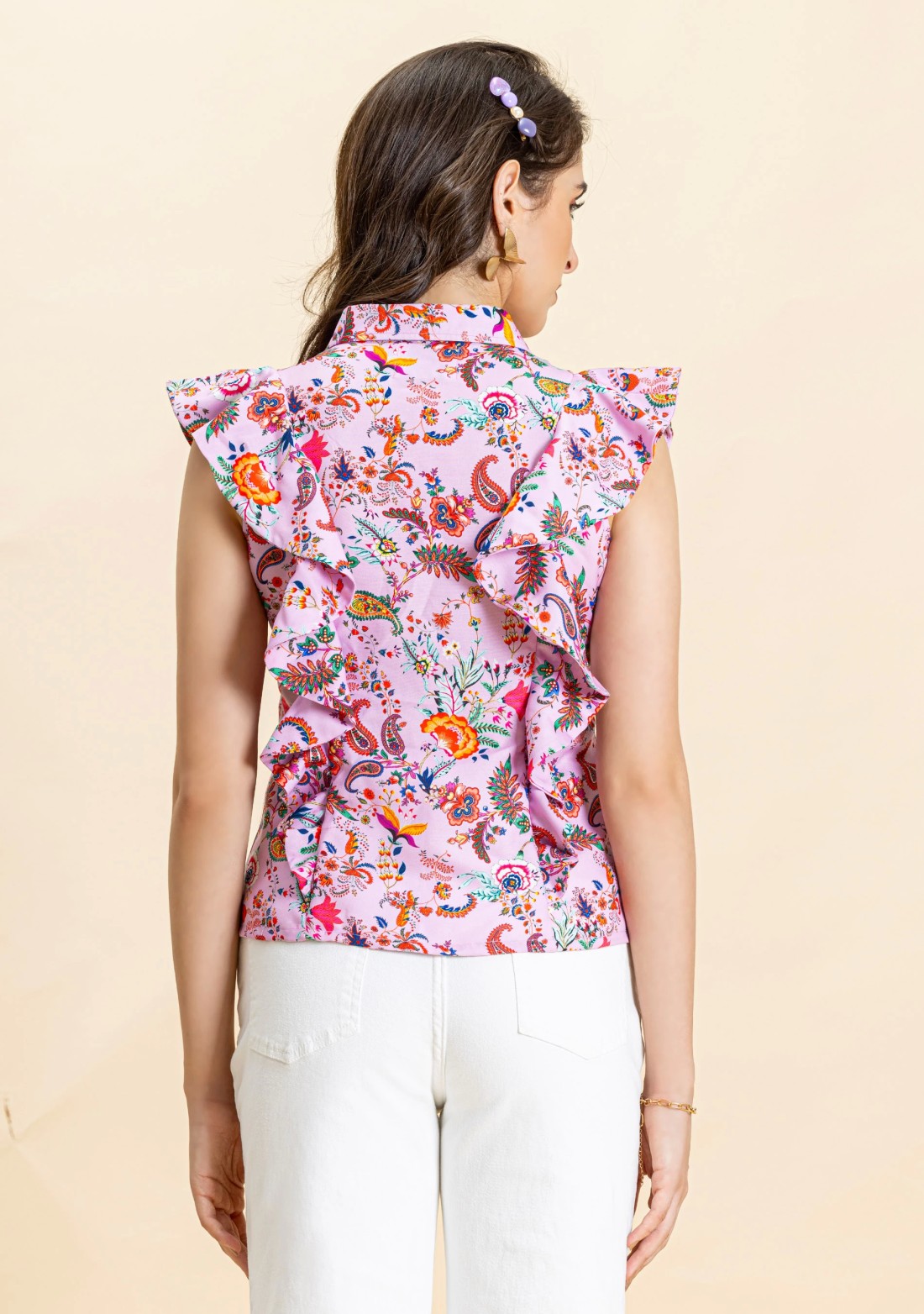 Lavender Ethnic Floral Print Rayon Ruffled Shirt