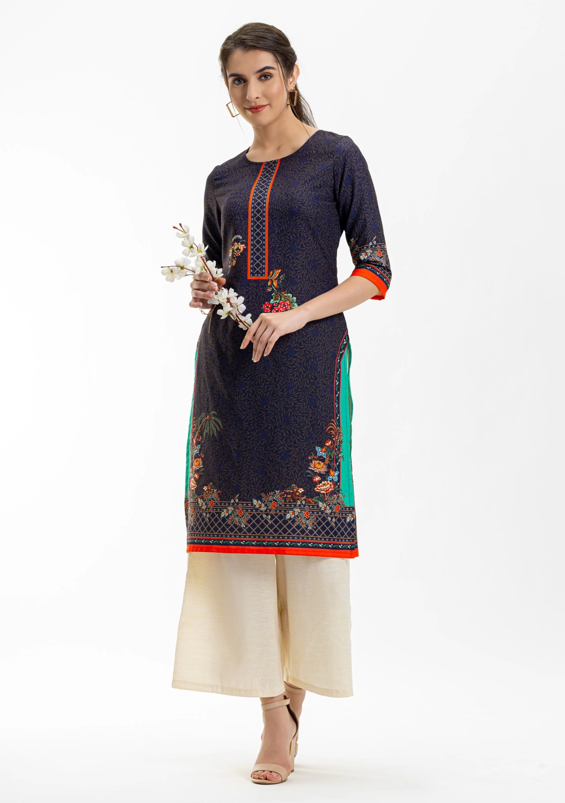 Midnight Blue Ethnic Floral Print Rayon Straight Kurta