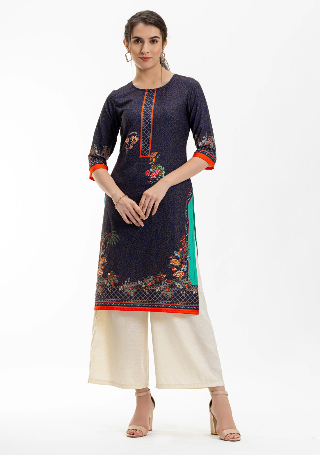 Midnight Blue Ethnic Floral Print Rayon Straight Kurta