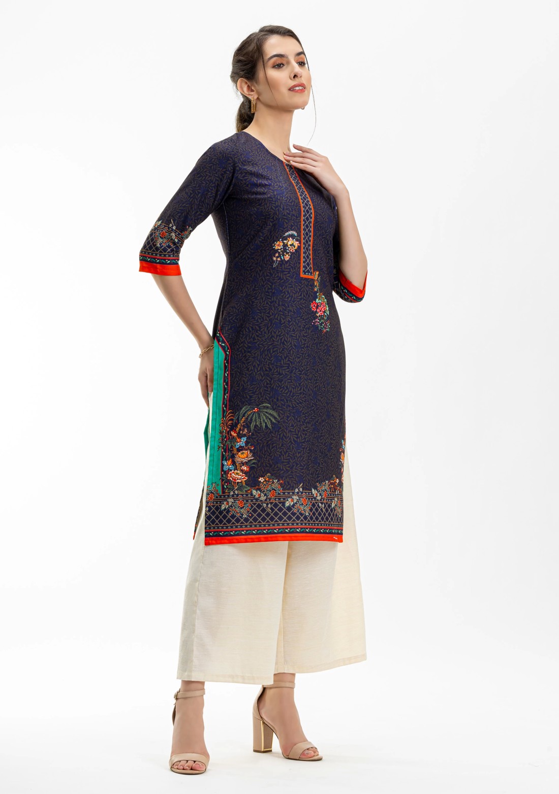 Midnight Blue Ethnic Floral Print Rayon Straight Kurta