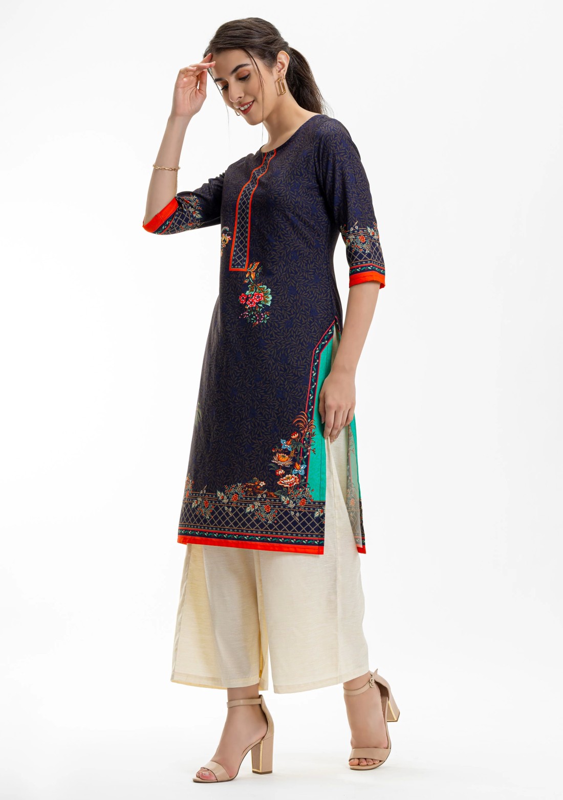 Midnight Blue Ethnic Floral Print Rayon Straight Kurta