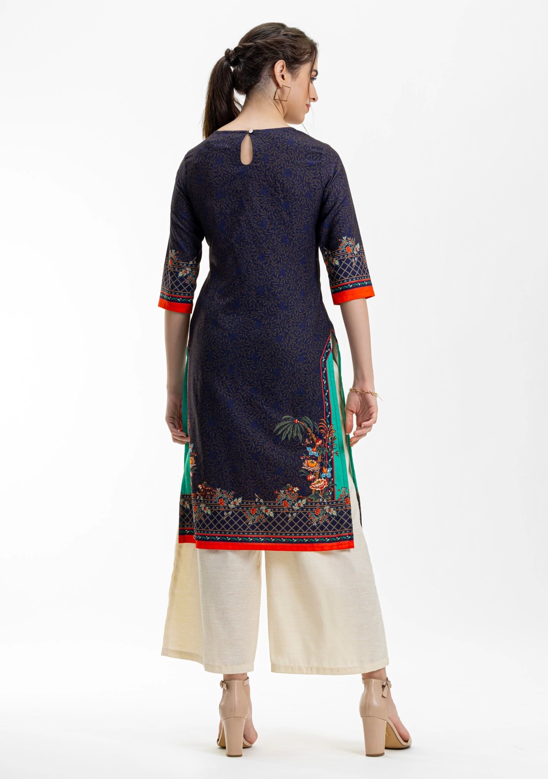 Midnight Blue Ethnic Floral Print Rayon Straight Kurta