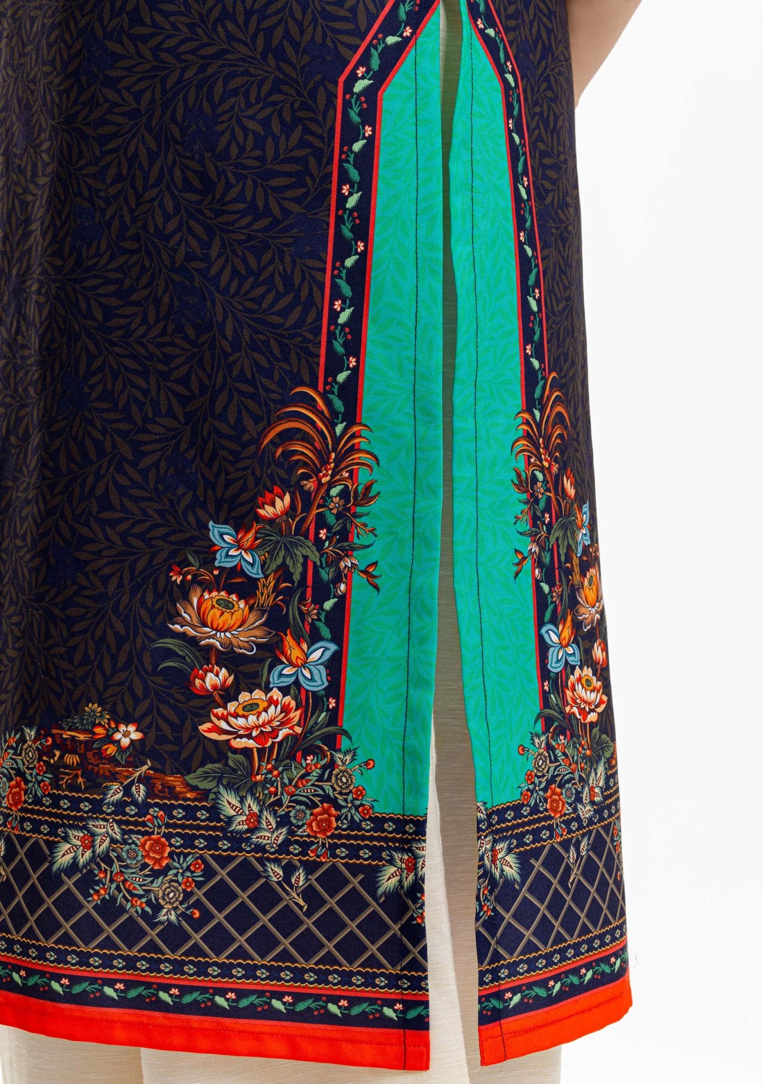 Midnight Blue Ethnic Floral Print Rayon Straight Kurta