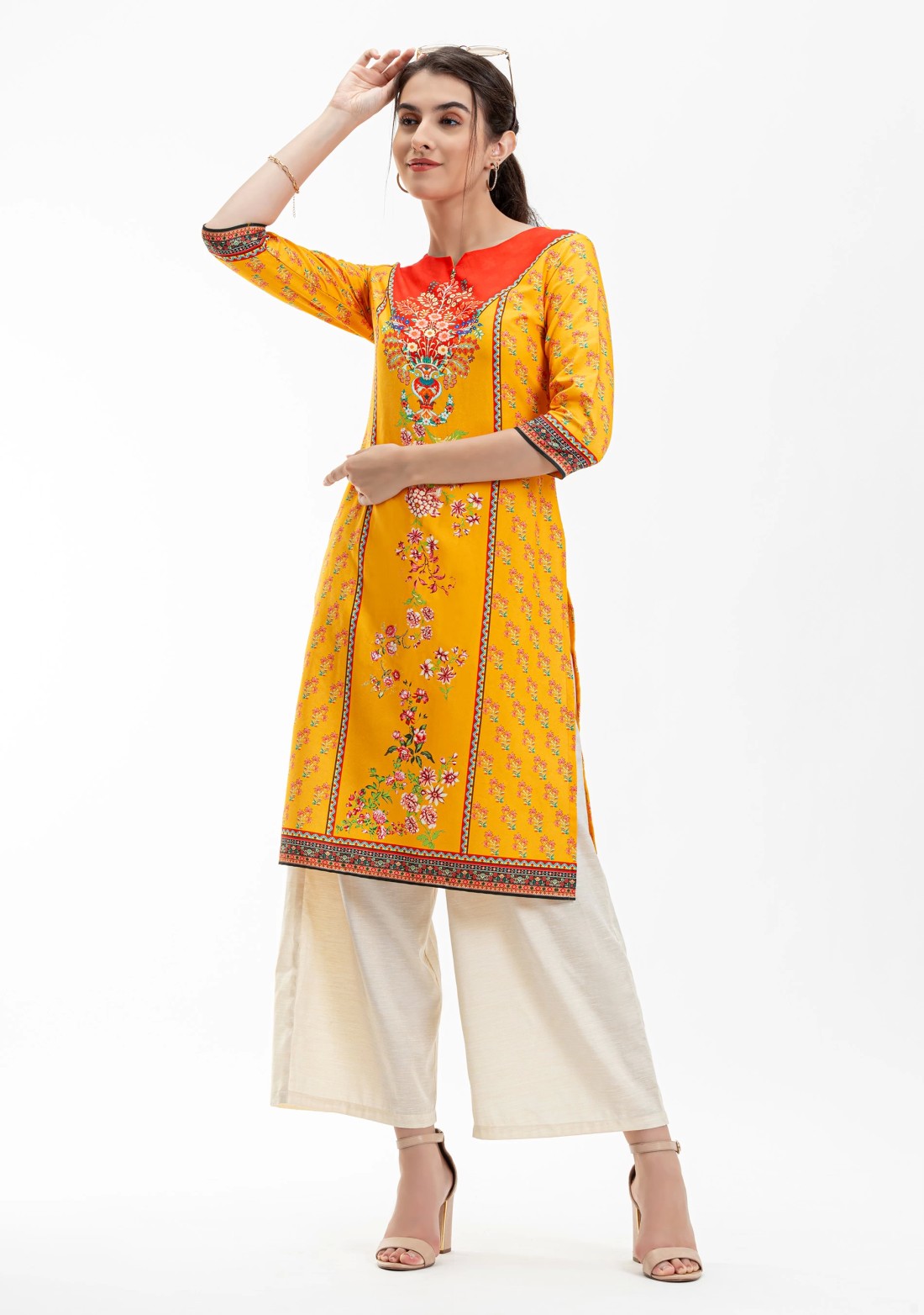 Yellow Ethnic Floral Print Rayon Straight Kurta