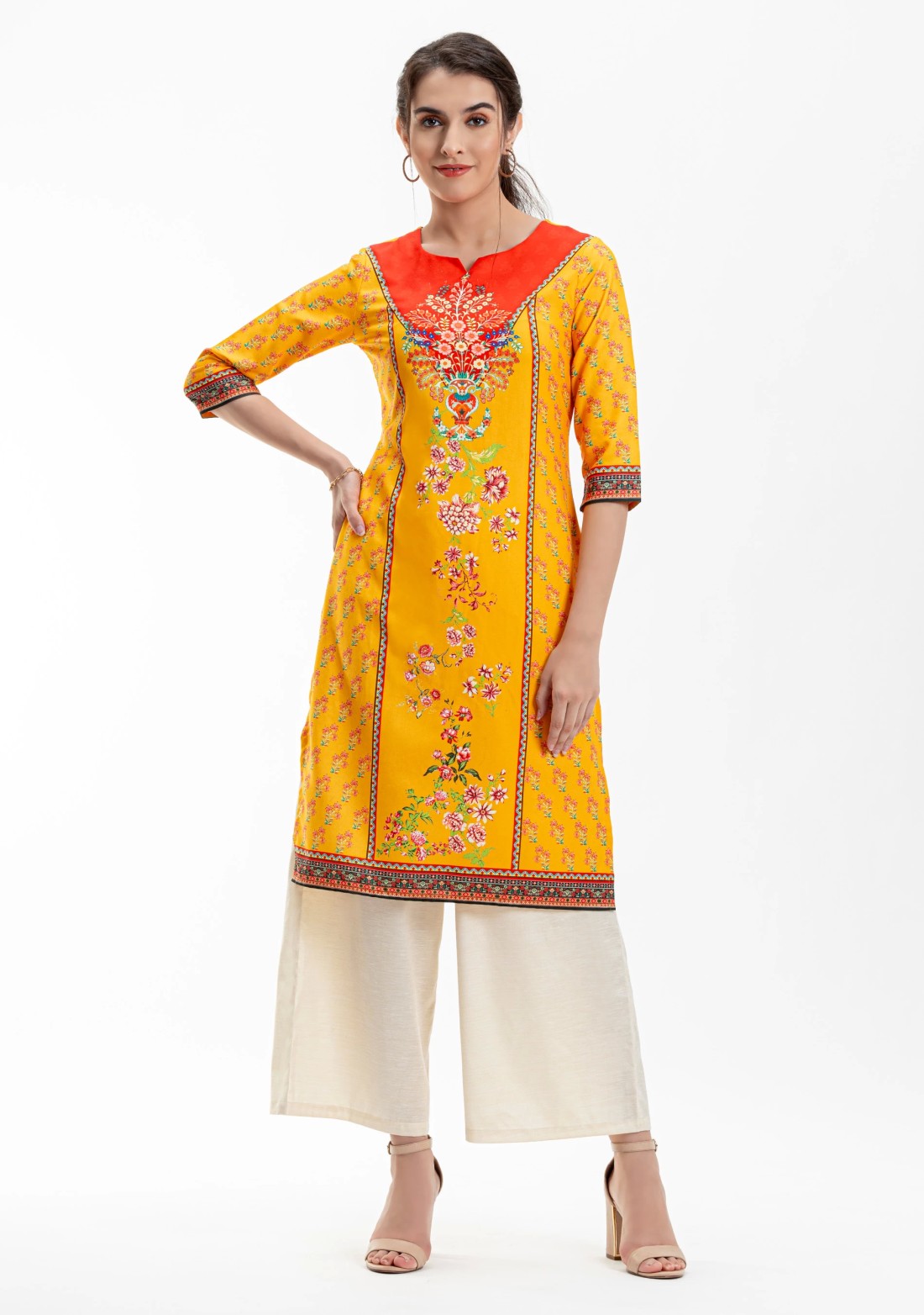 Yellow Ethnic Floral Print Rayon Straight Kurta