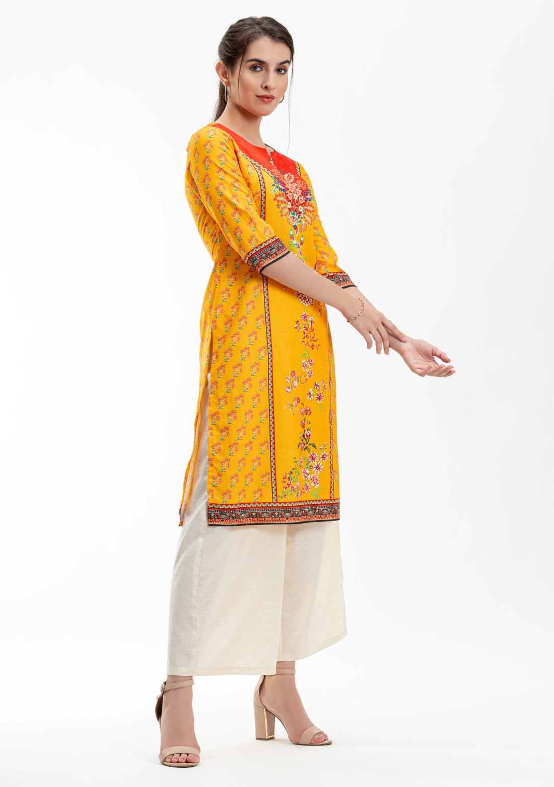 Yellow Ethnic Floral Print Rayon Straight Kurta