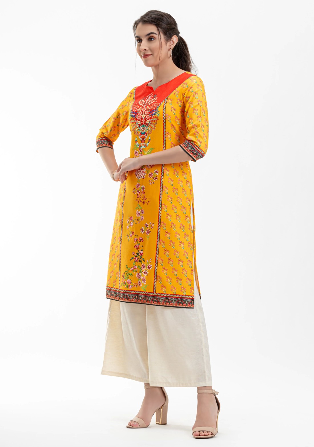 Yellow Ethnic Floral Print Rayon Straight Kurta