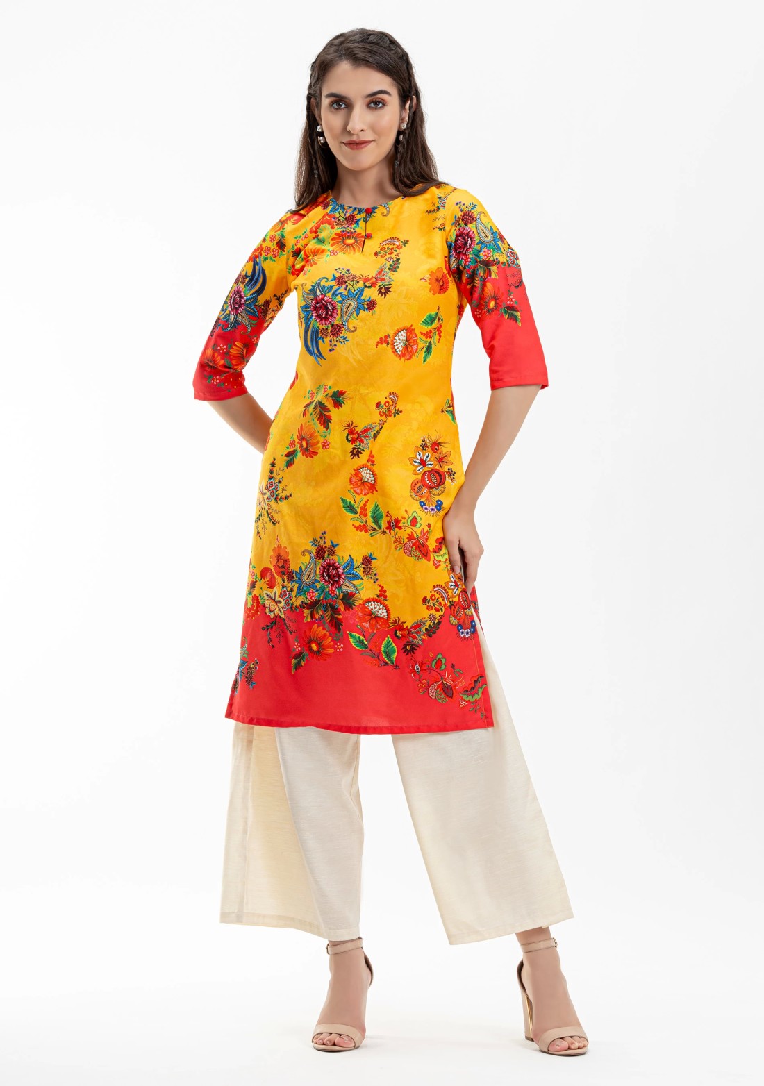 Multi Colour Floral Print Rayon Straight Kurta