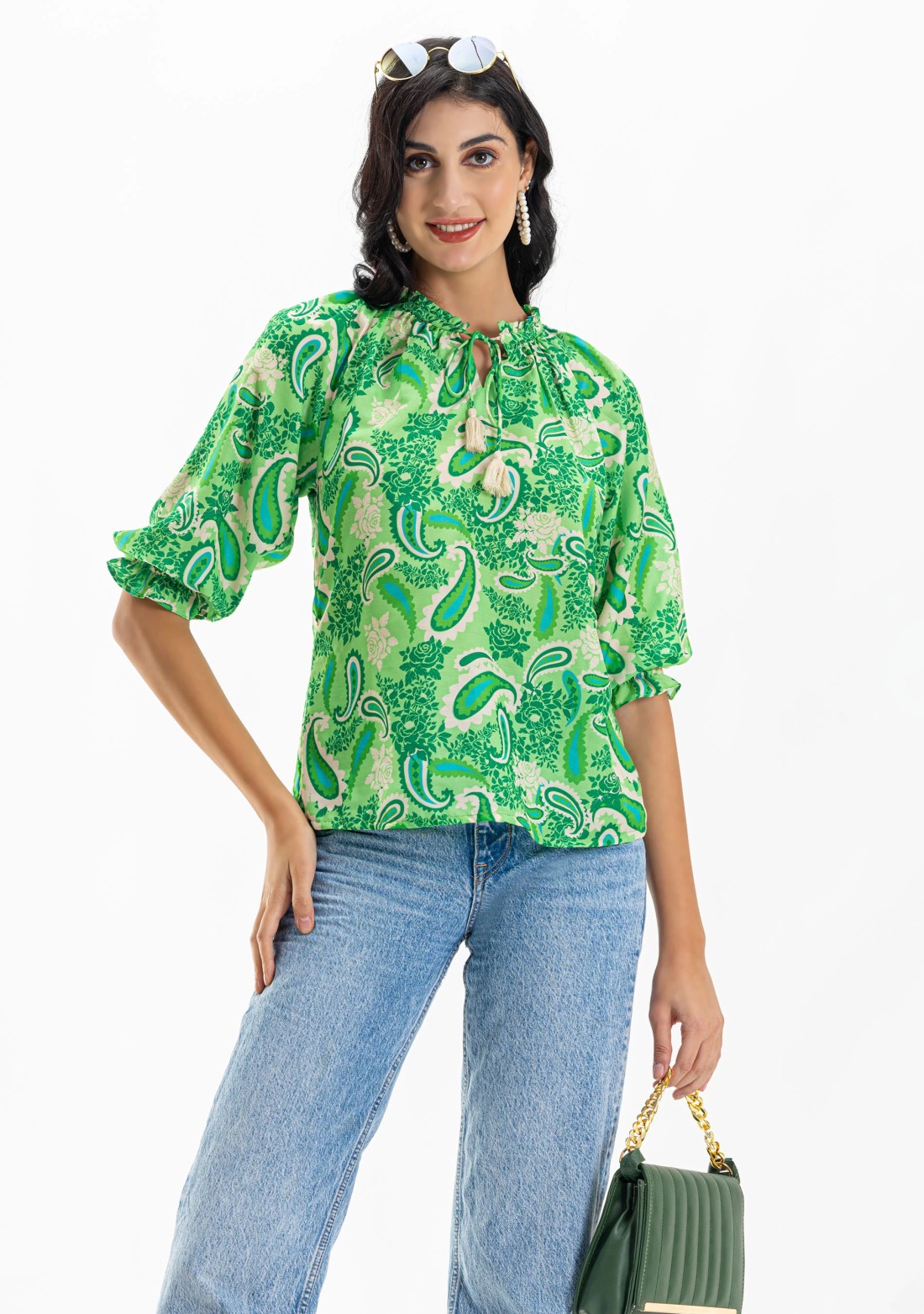 Green Paisley Print Muslin Top