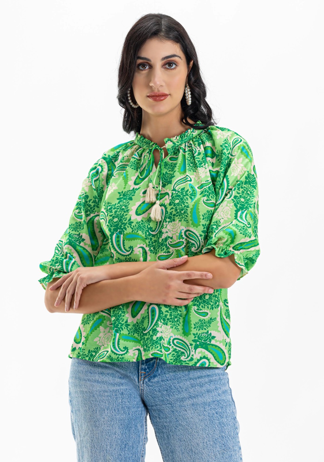 Green Paisley Print Muslin Top