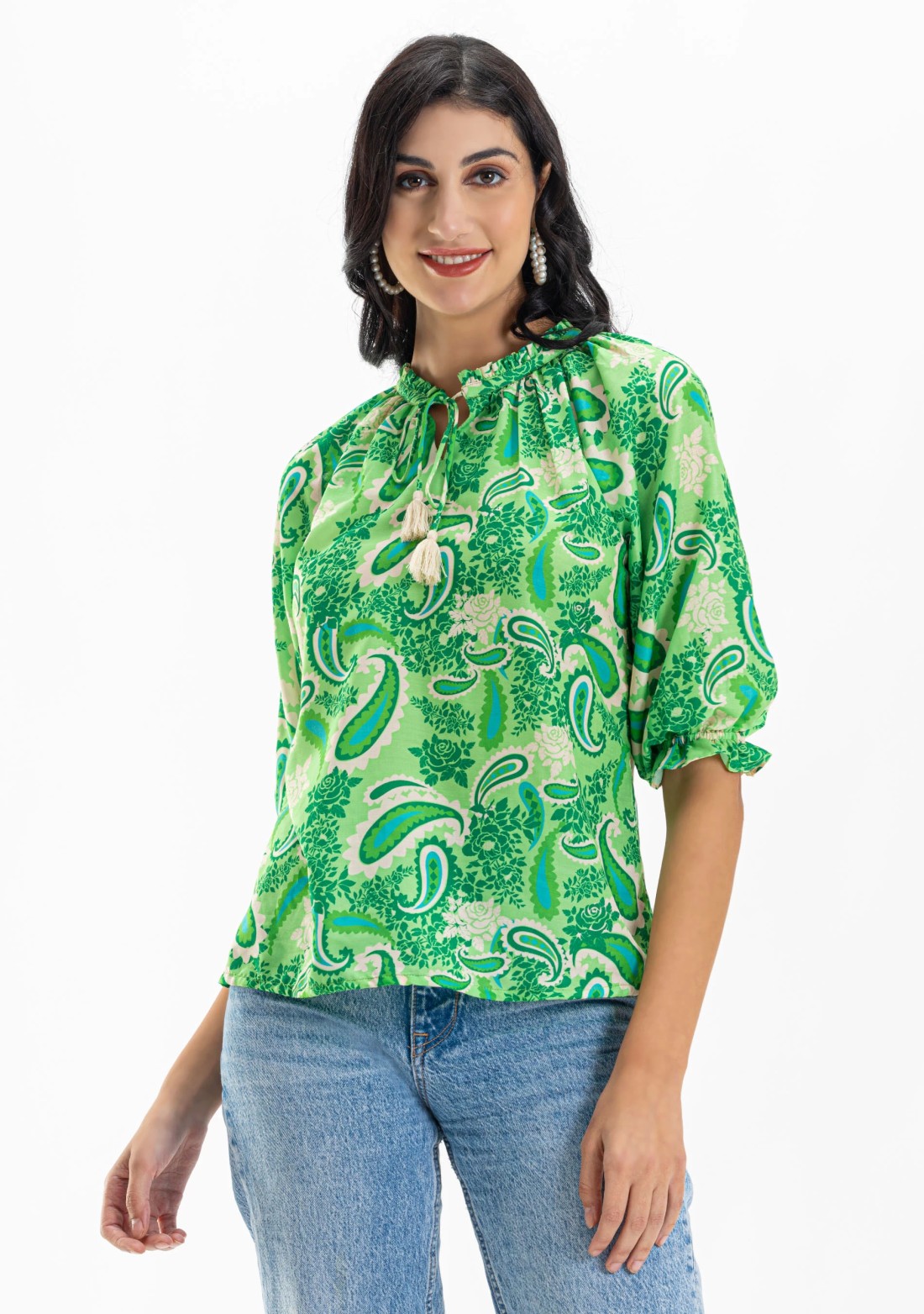 Green Paisley Print Muslin Top