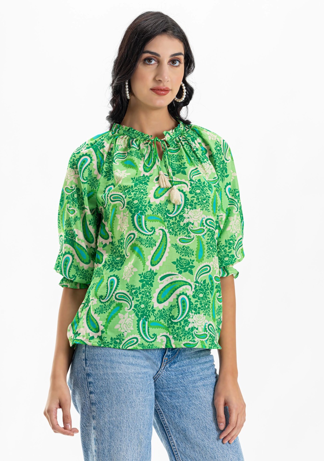 Green Paisley Print Muslin Top