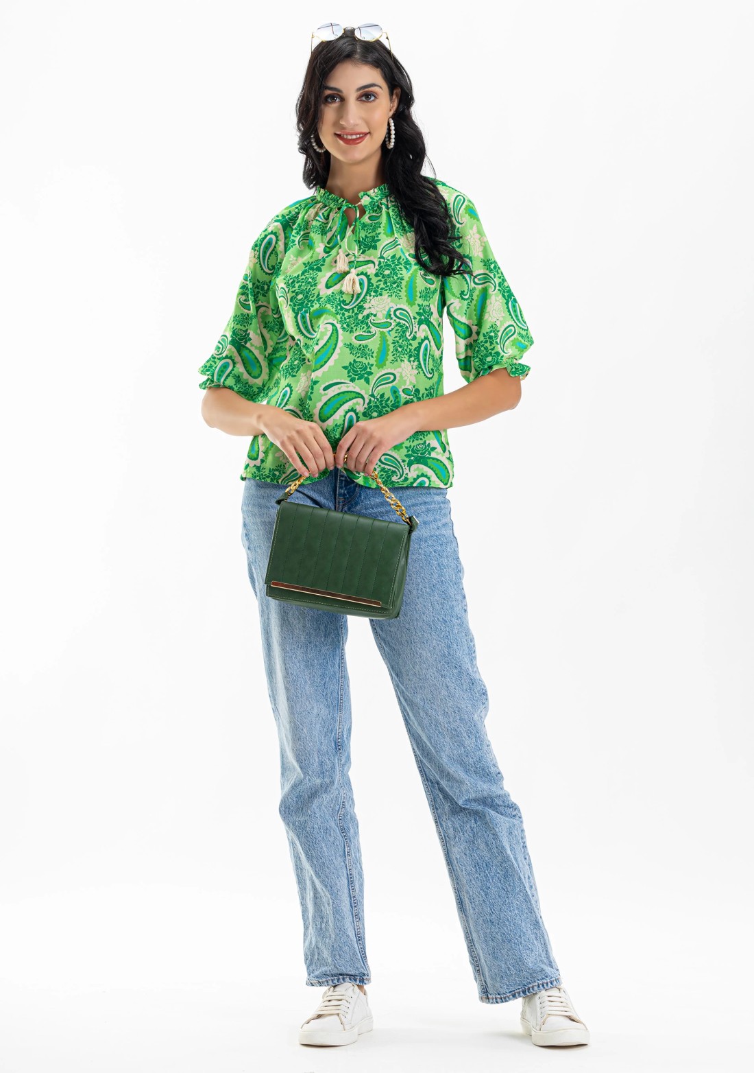 Green Paisley Print Muslin Top