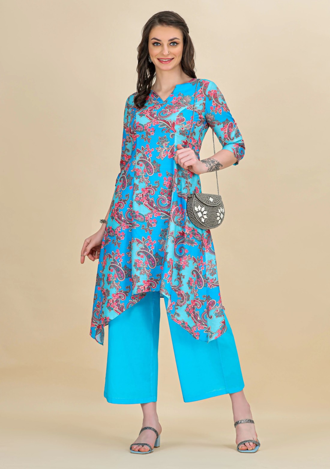 Blue Ethnic Print Asymmetrical Rayon Kurta