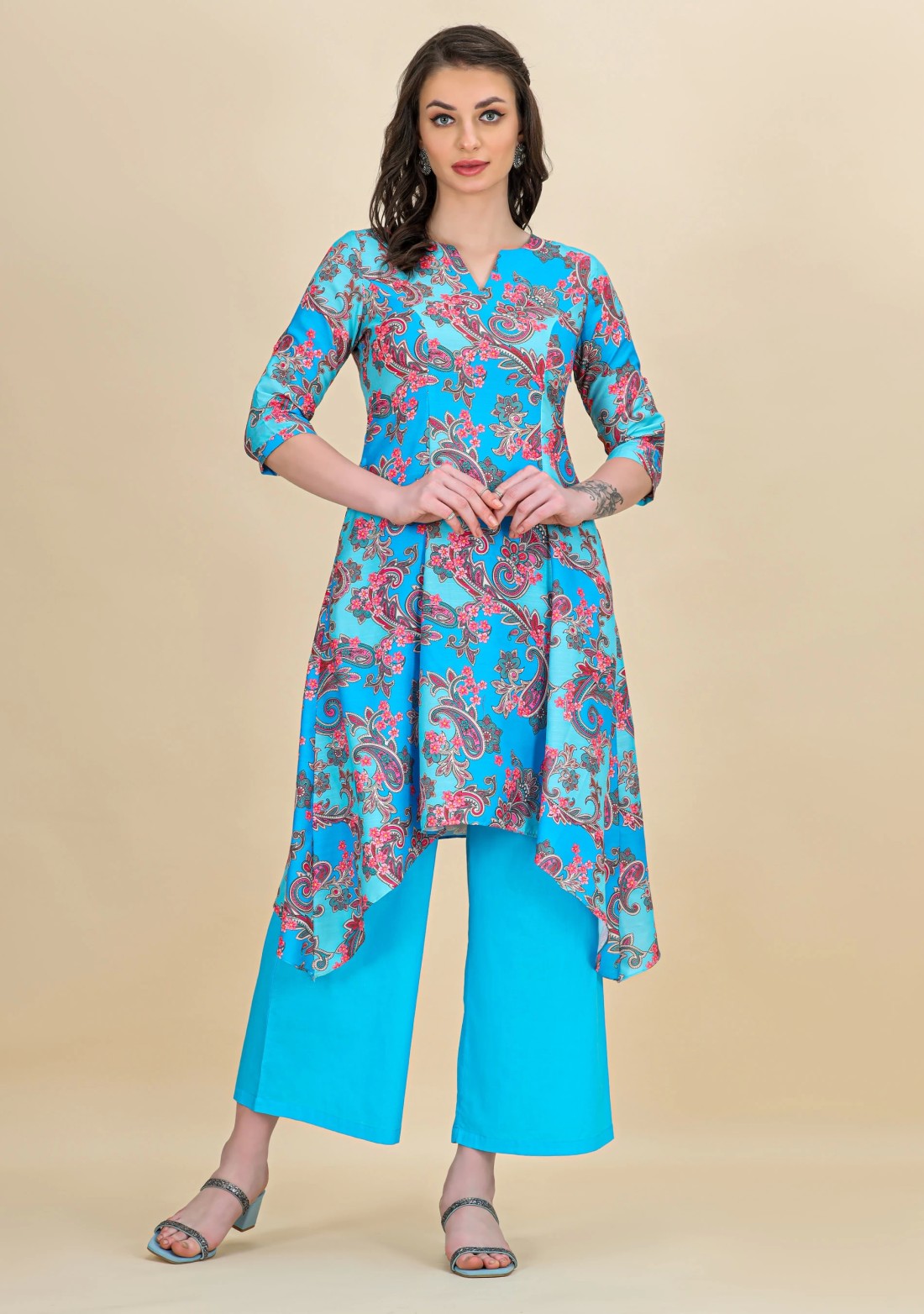 Blue Ethnic Print Asymmetrical Rayon Kurta