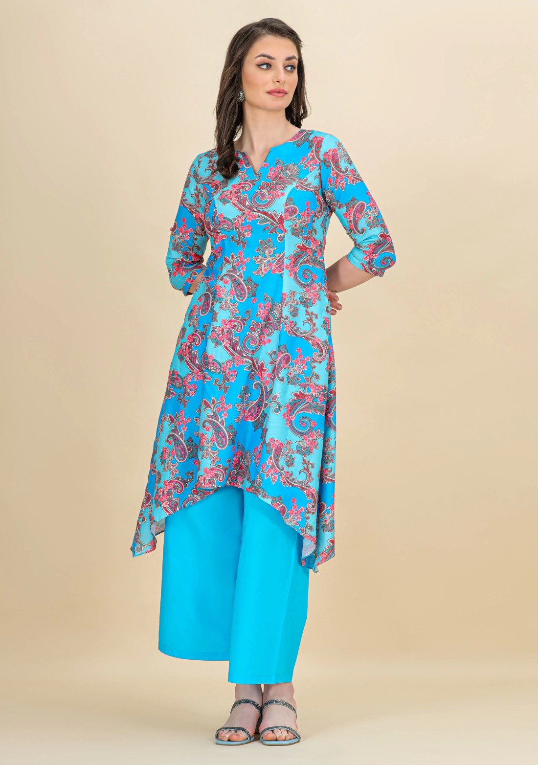 Blue Ethnic Print Asymmetrical Rayon Kurta