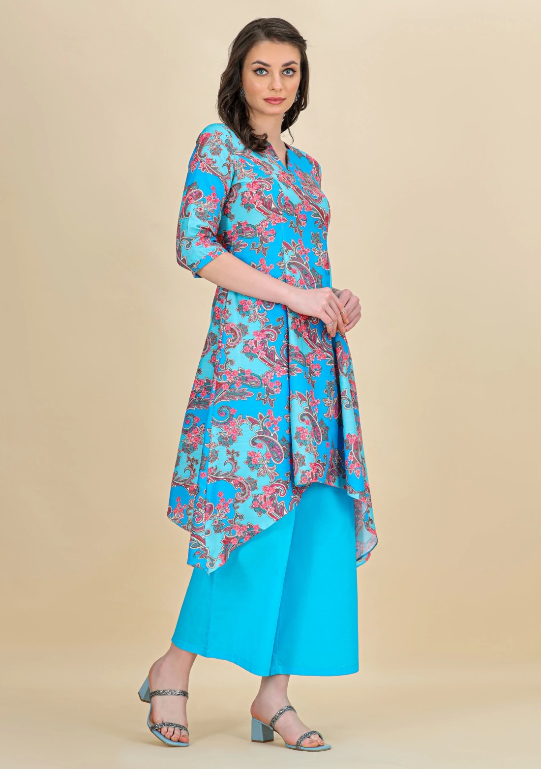 Blue Ethnic Print Asymmetrical Rayon Kurta