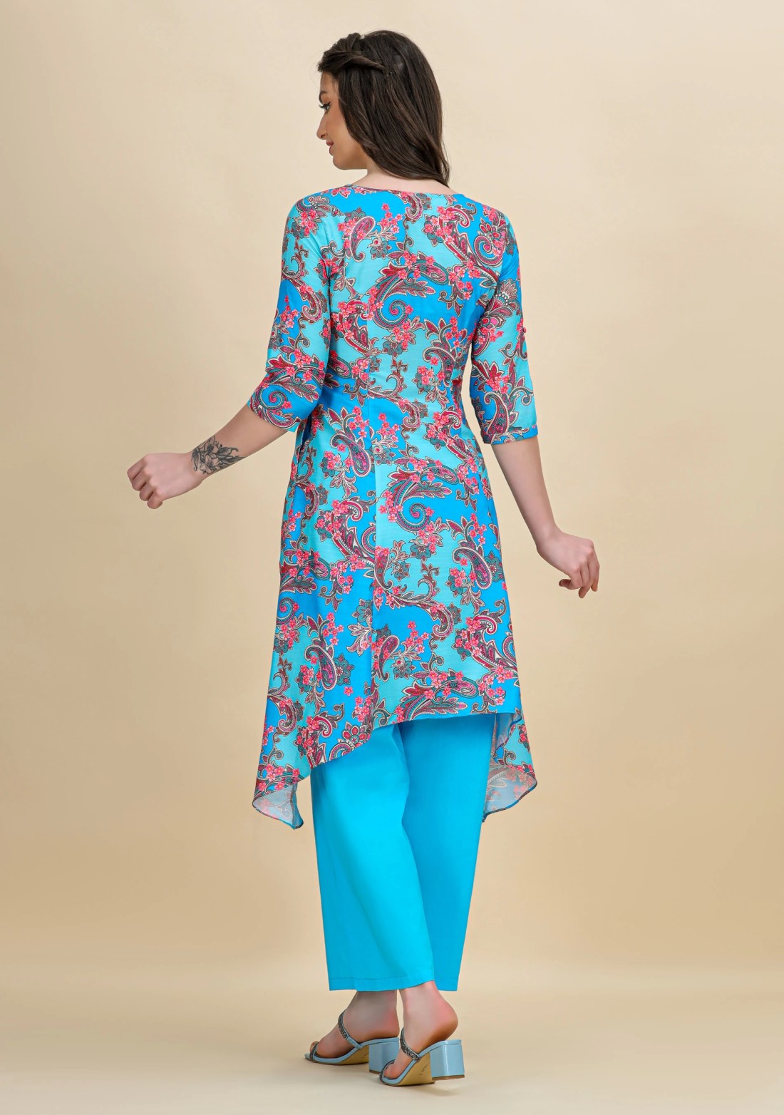 Blue Ethnic Print Asymmetrical Rayon Kurta