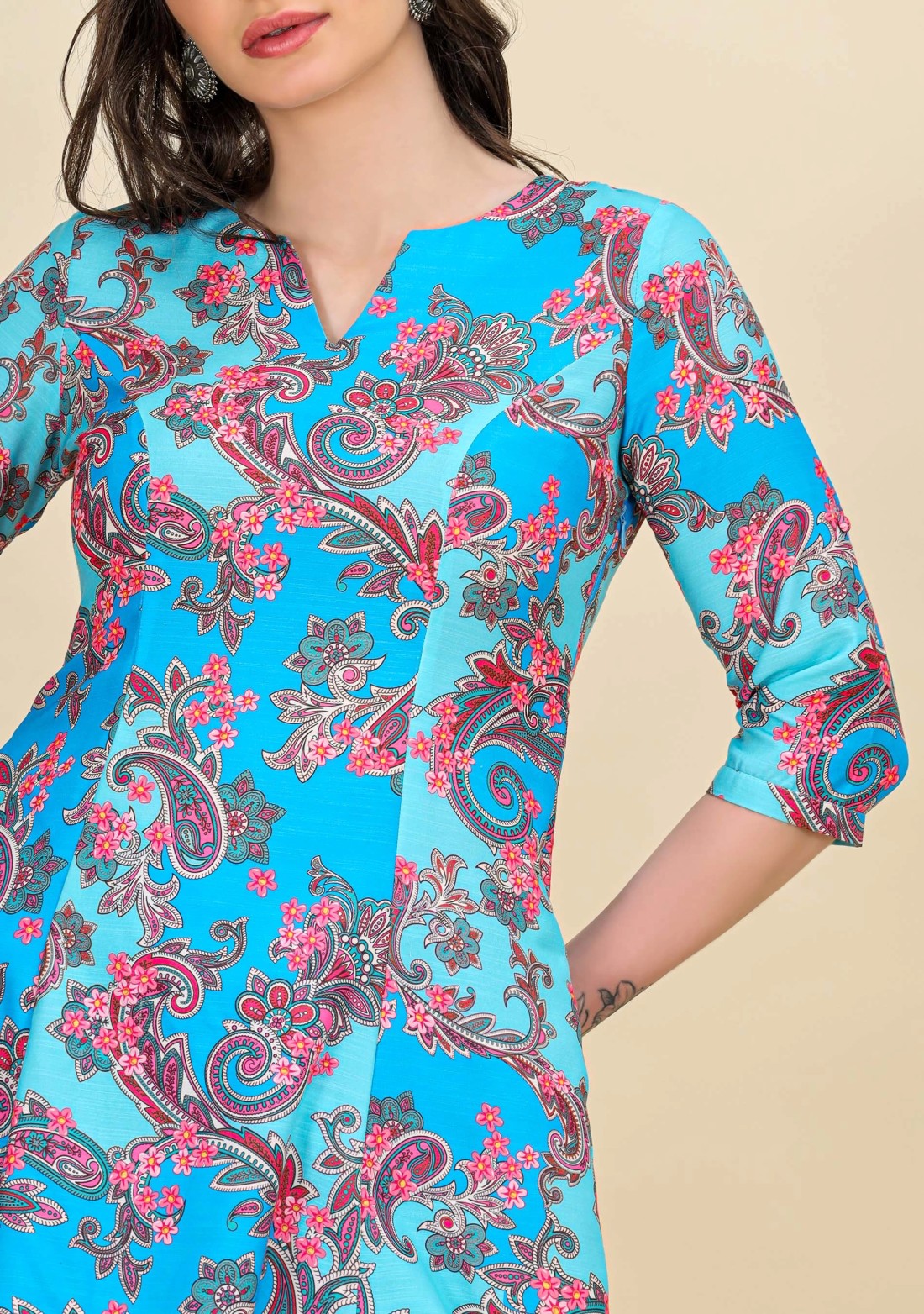 Blue Ethnic Print Asymmetrical Rayon Kurta