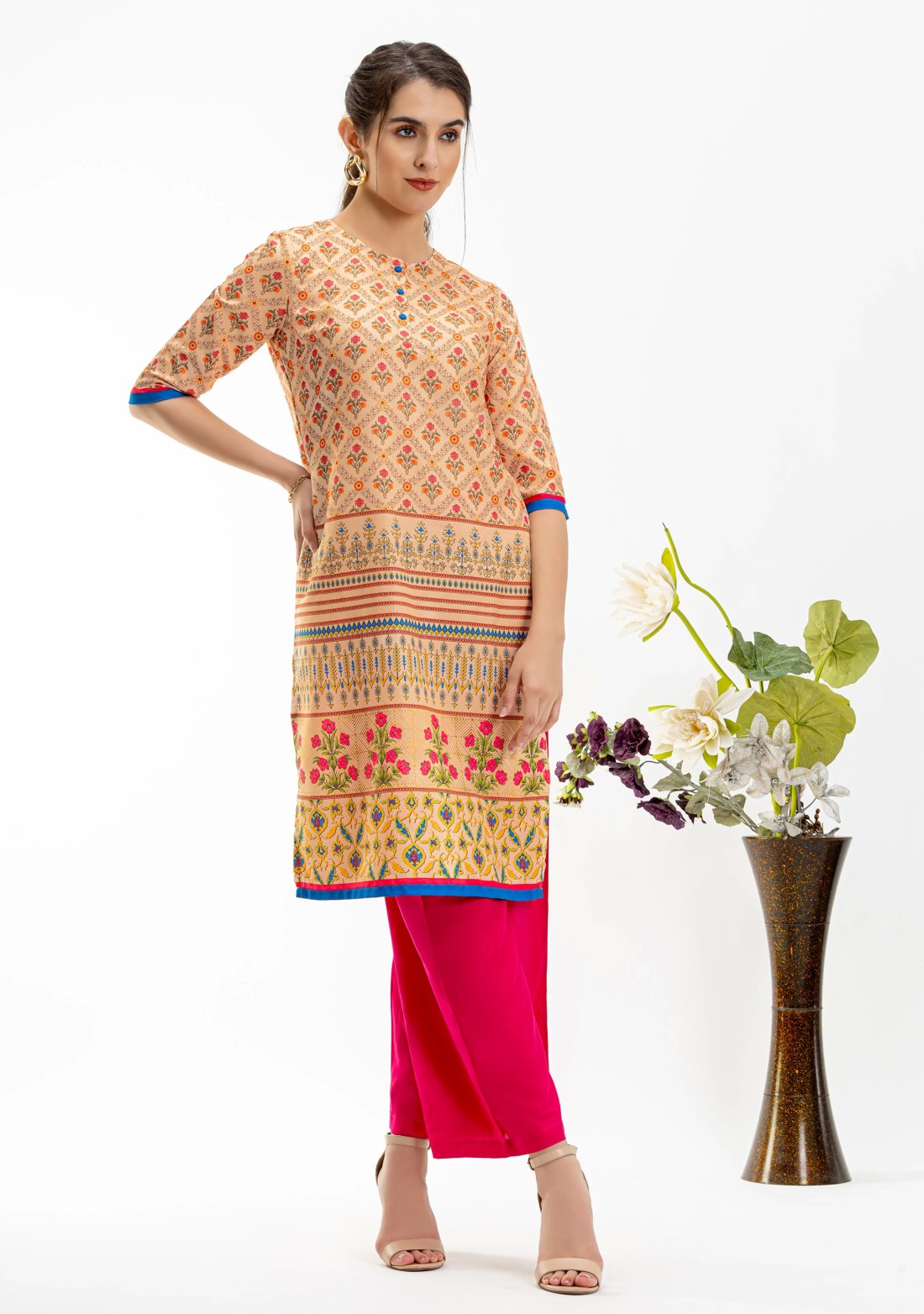 Beige Printed Rayon Straight Kurta