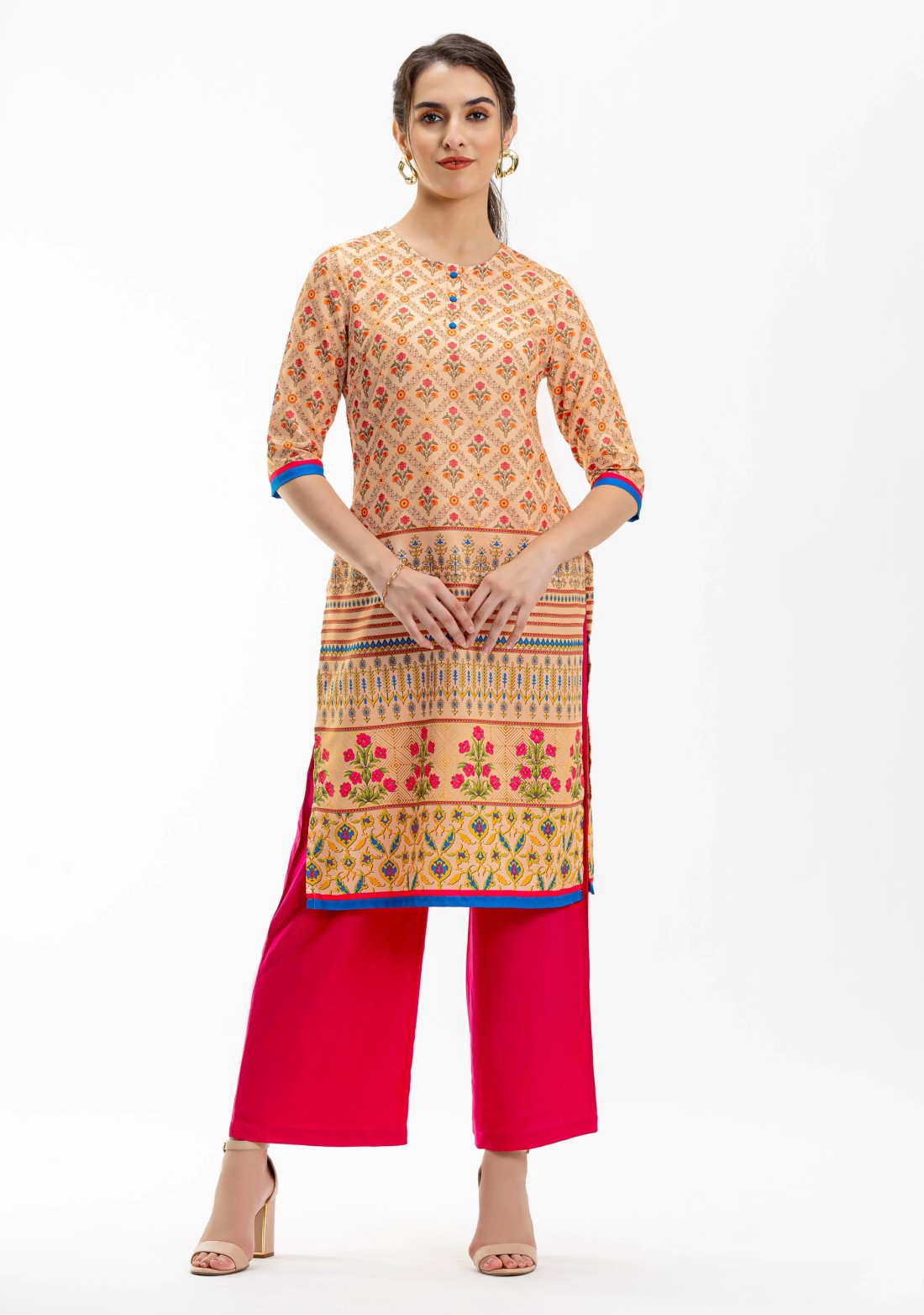 Beige Printed Rayon Straight Kurta