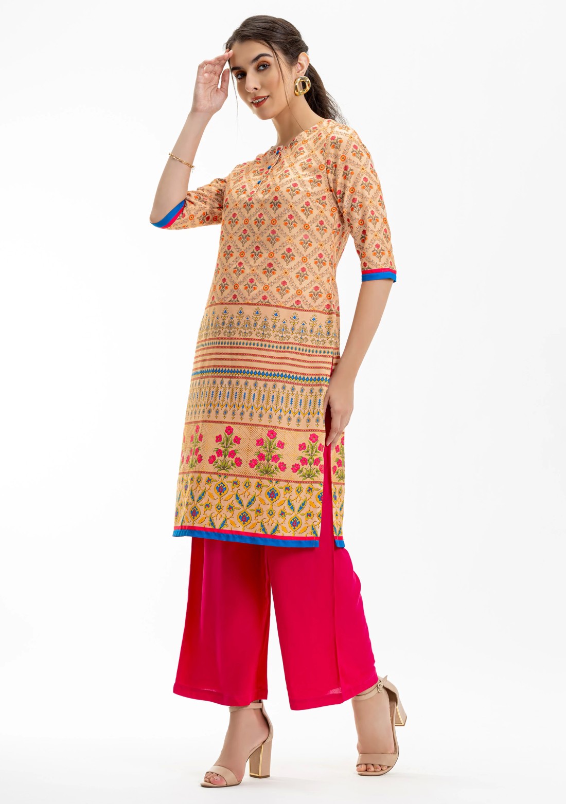 Beige Printed Rayon Straight Kurta