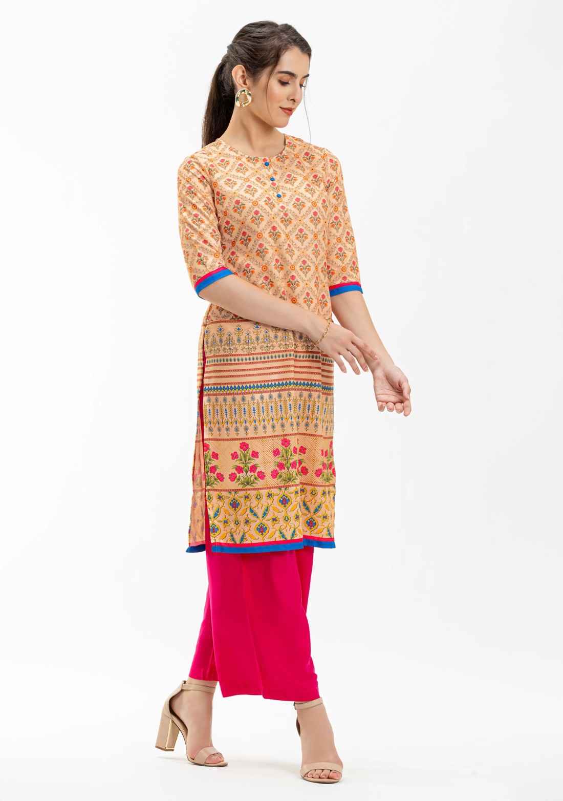 Beige Printed Rayon Straight Kurta