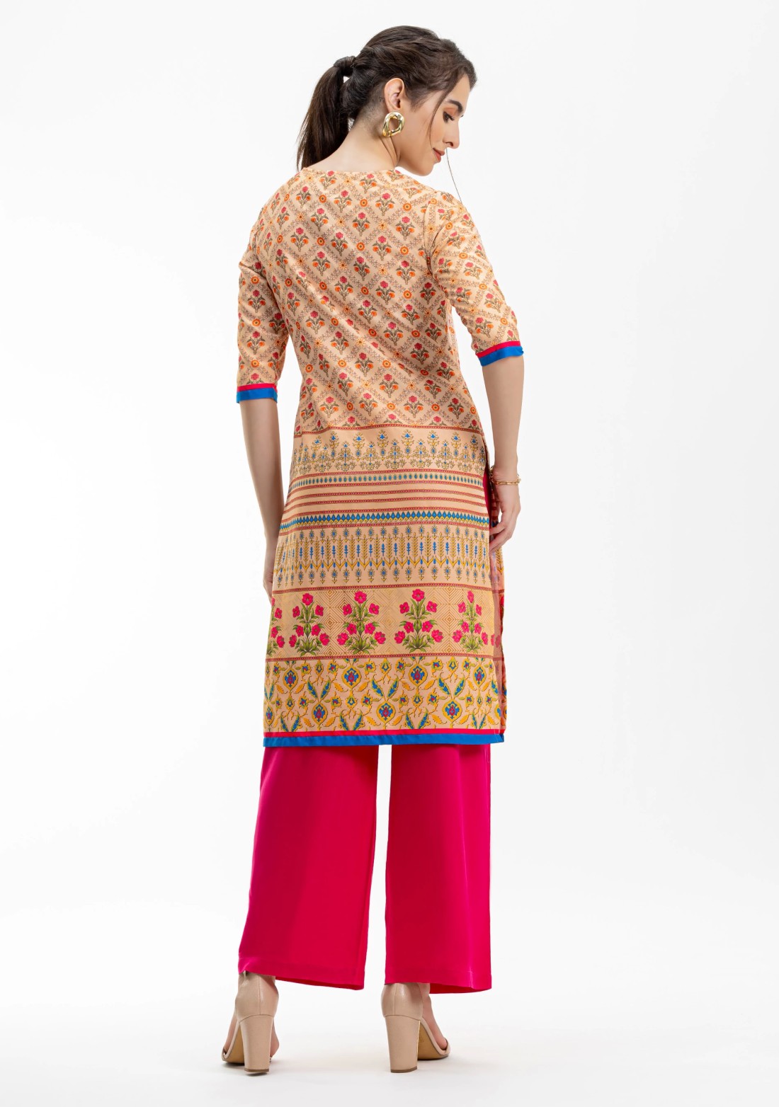 Beige Printed Rayon Straight Kurta