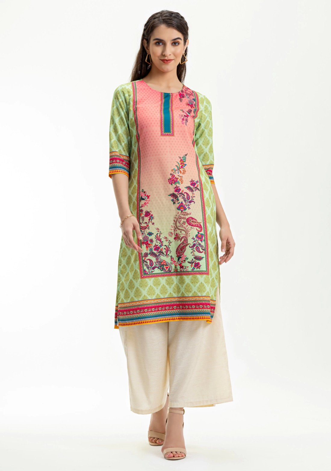 Multi Colour Ethnic Print Rayon Straight Kurta