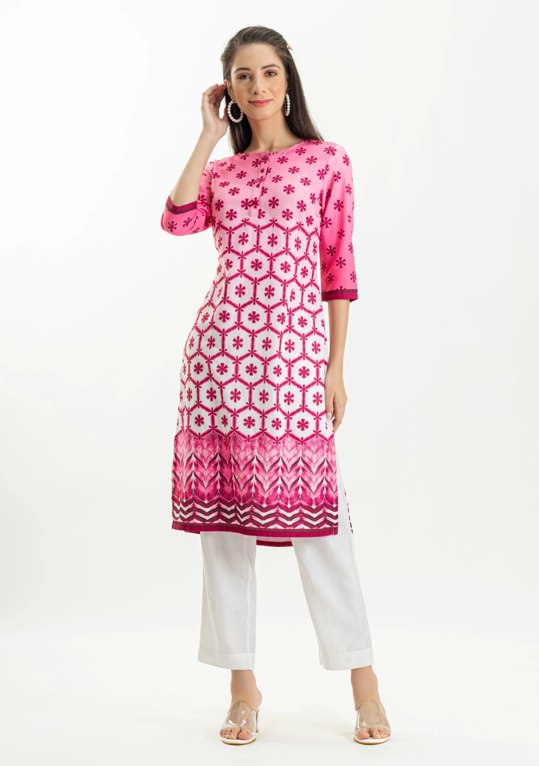 Pink Tie and Dye Print Rayon Straight Kurta