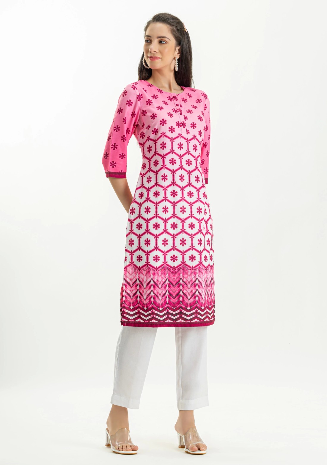 Pink Tie and Dye Print Rayon Straight Kurta