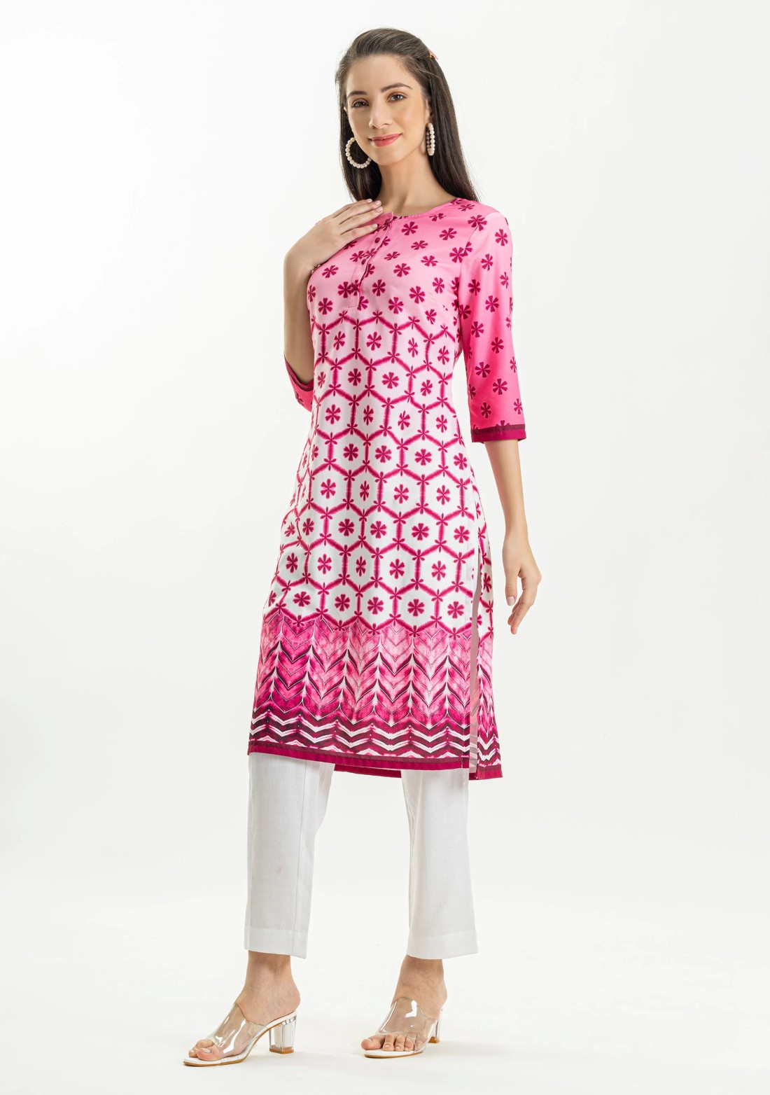 Pink Tie and Dye Print Rayon Straight Kurta