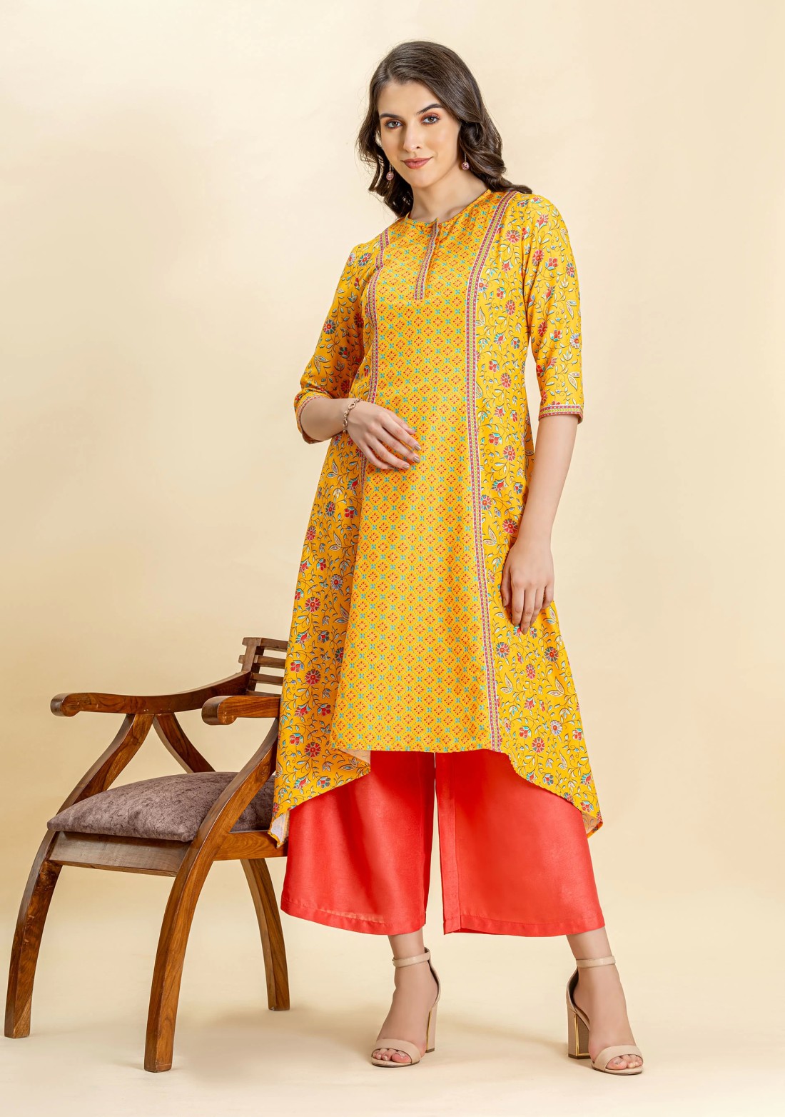 Yellow Ethnic Print Rayon Asymmetrical A-Line Kurta