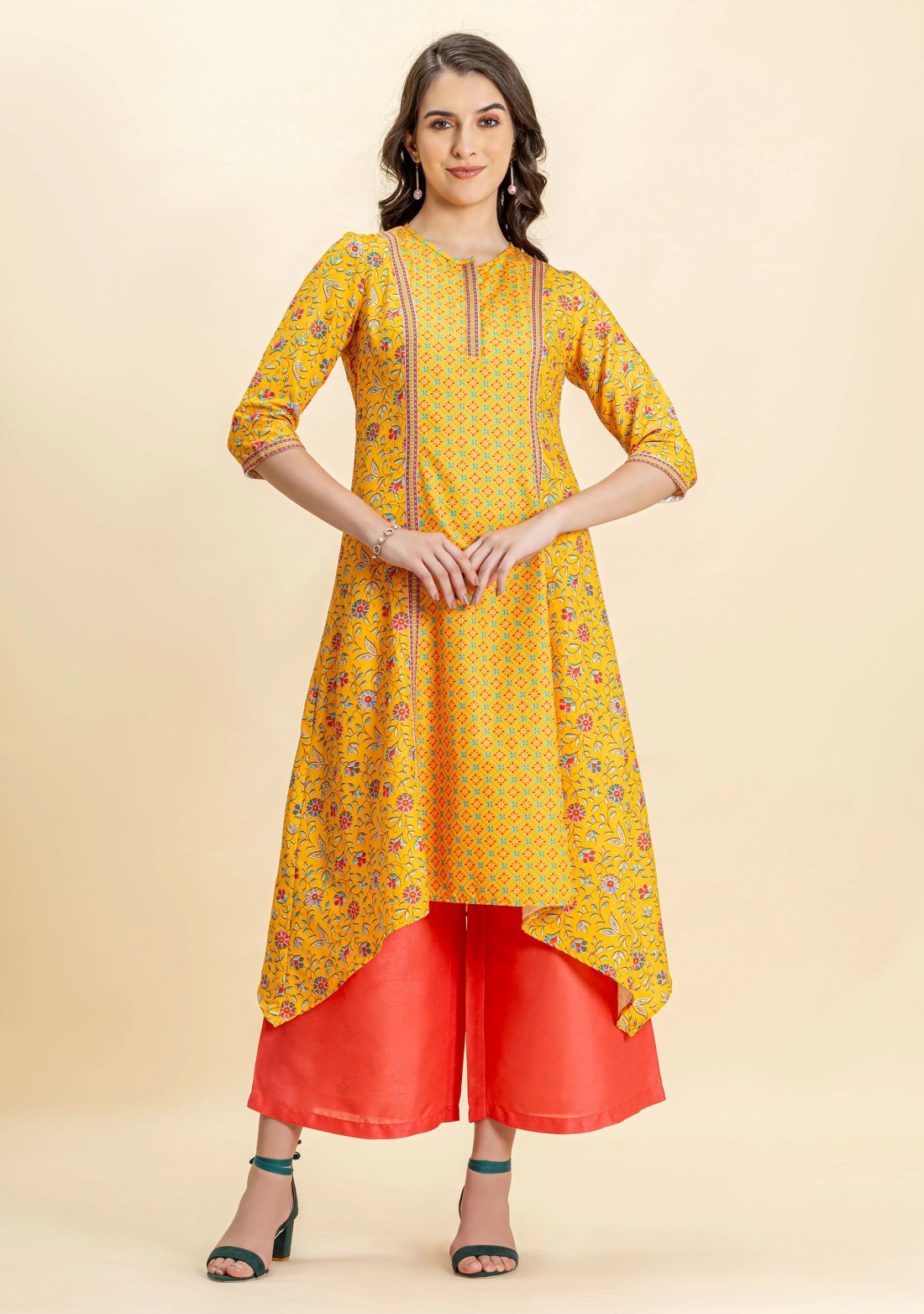 Yellow Ethnic Print Rayon Asymmetrical A-Line Kurta