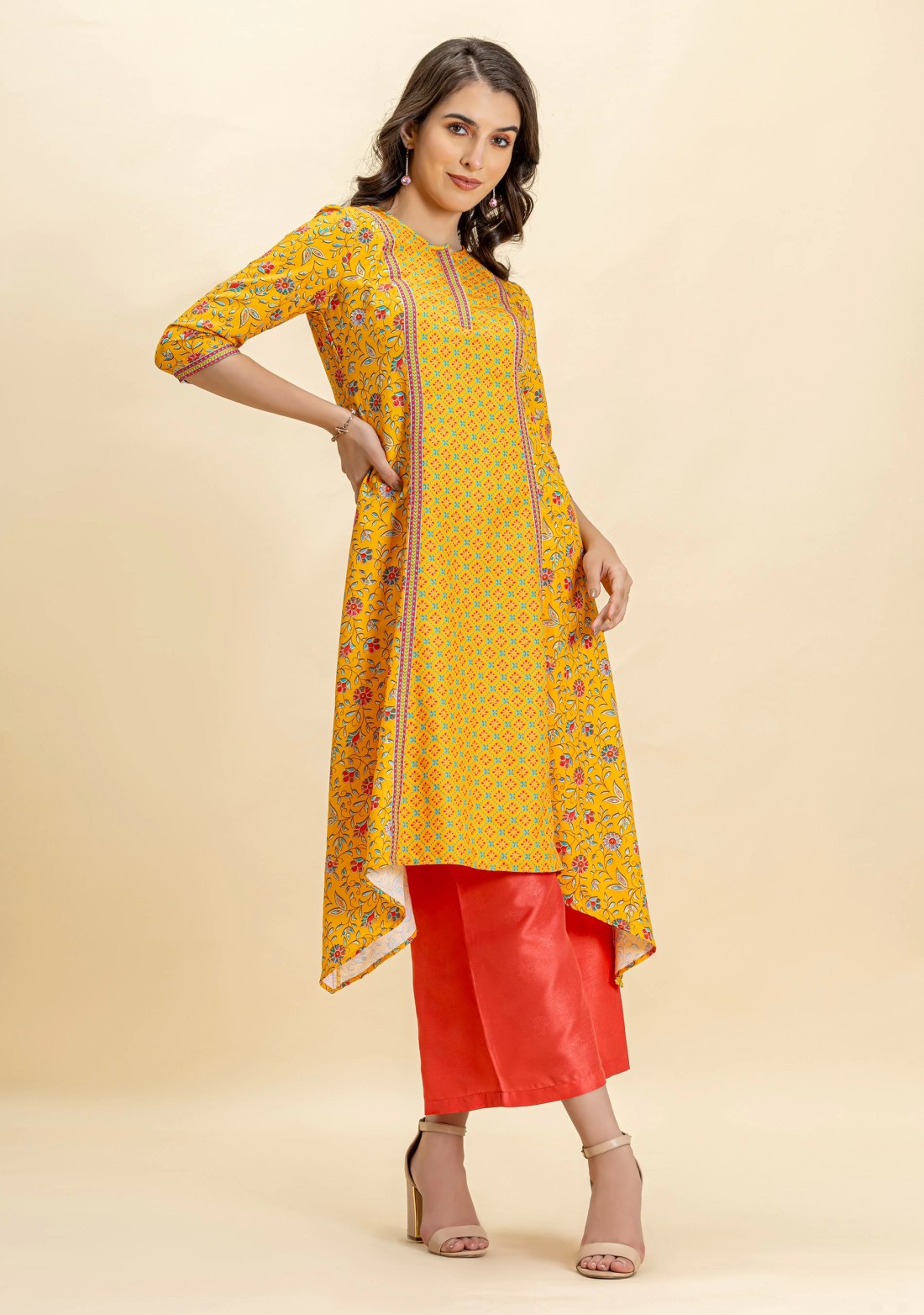 Yellow Ethnic Print Rayon Asymmetrical A-Line Kurta