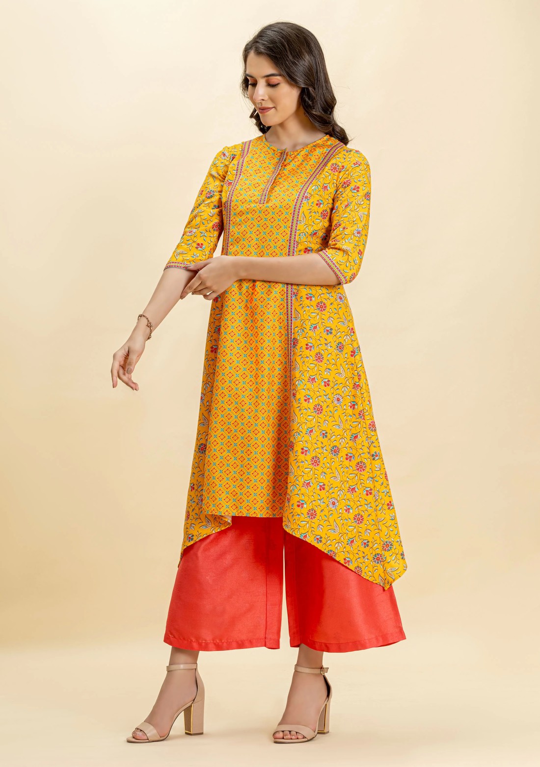 Yellow Ethnic Print Rayon Asymmetrical A-Line Kurta