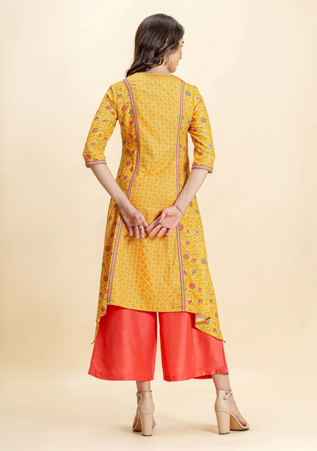 Yellow Ethnic Print Rayon Asymmetrical A-Line Kurta