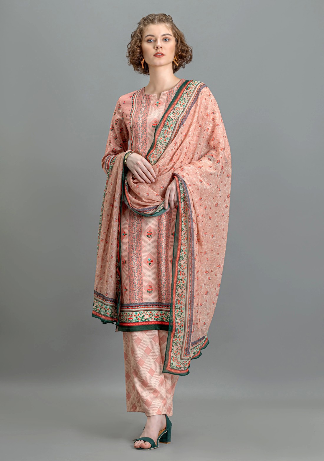 Soft Beige Ethnic Print Rayon Straight Kurti with Pants and Dupatta Set