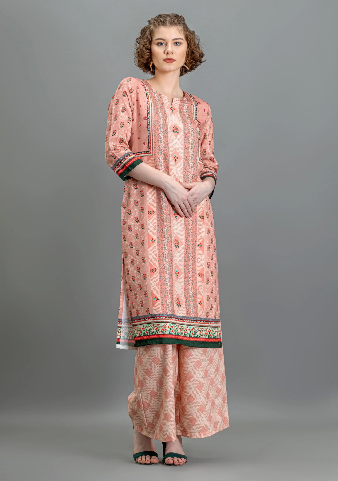 Soft Beige Ethnic Print Rayon Straight Kurti with Pants and Dupatta Set