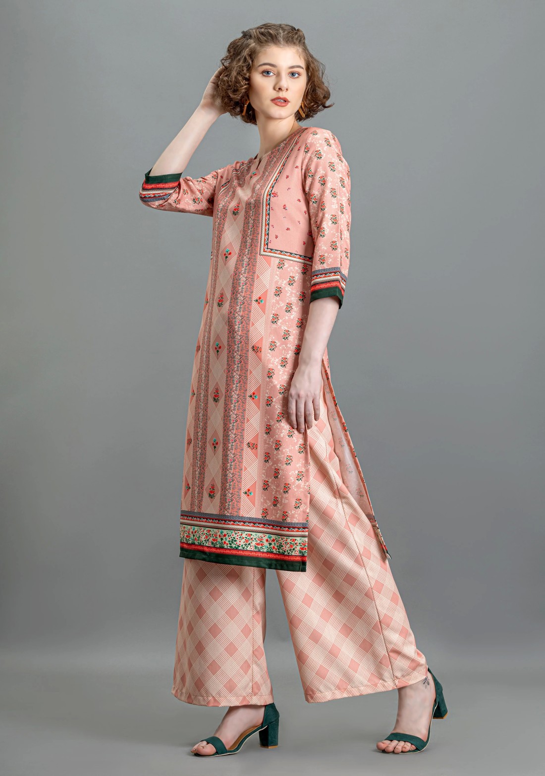 Soft Beige Ethnic Print Rayon Straight Kurti with Pants and Dupatta Set