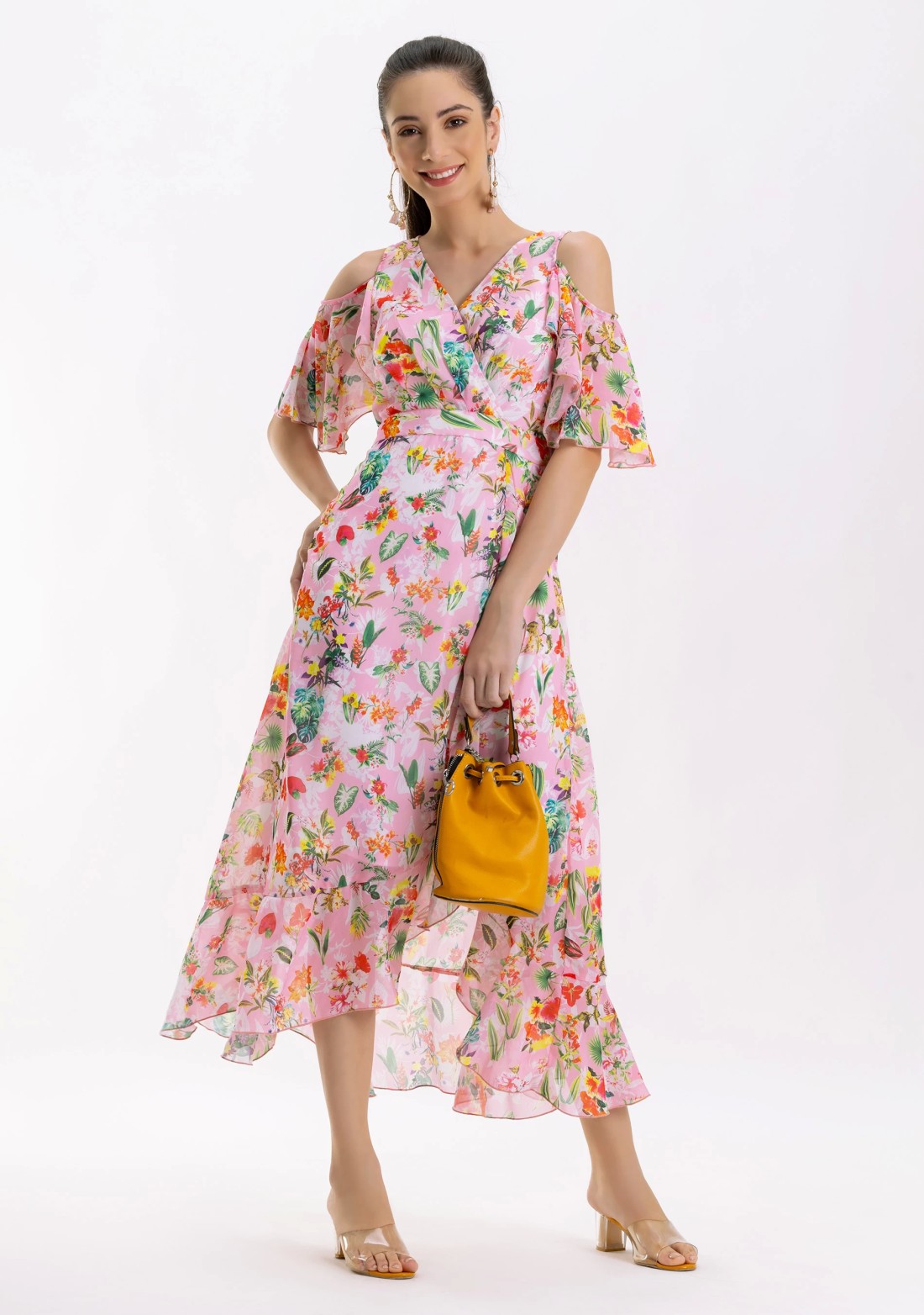 Pink Tropical Print Georgette Flared Long Dress